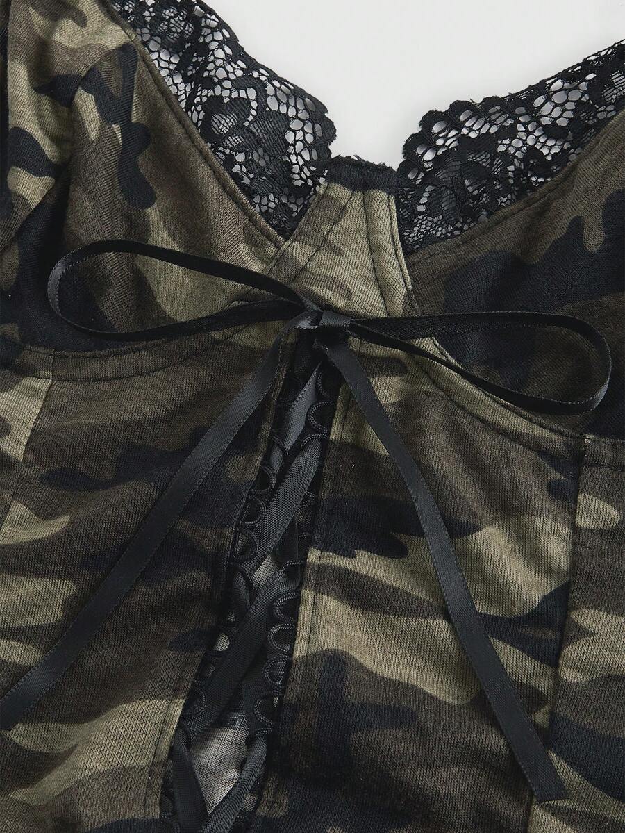 Women's army green camo print camisole top featuring delicate contrast lace trim, thin shoulder straps, and a slim fit knitted design.