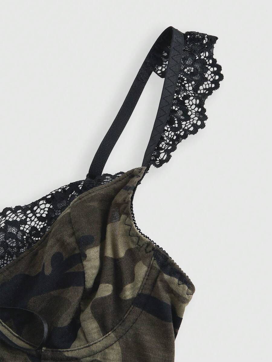 Women's army green camo print camisole top featuring delicate contrast lace trim, thin shoulder straps, and a slim fit knitted design.