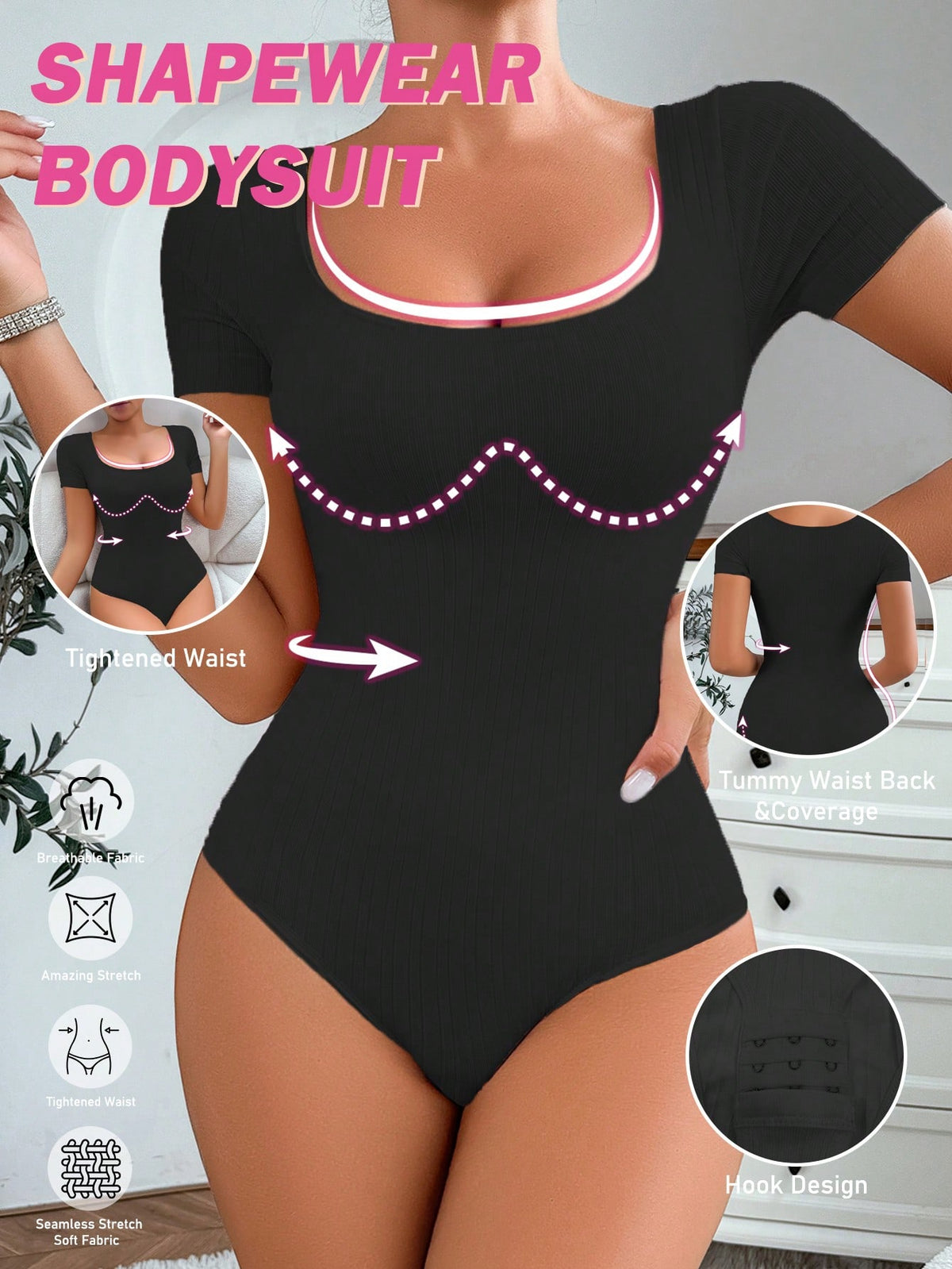 Women's seamless waist cincher bodysuit featuring short sleeves, briefs bottom, and rib-knit texture.