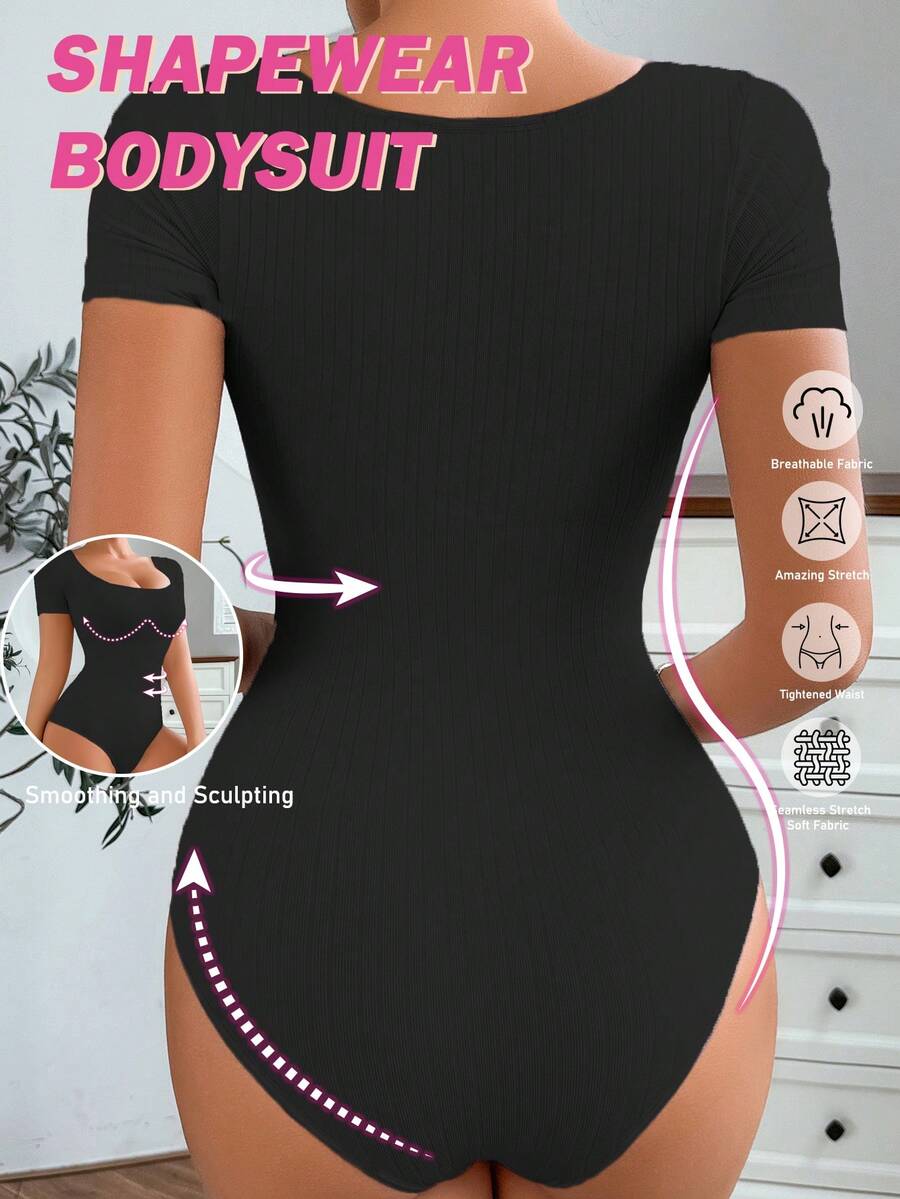 Women's seamless waist cincher bodysuit featuring short sleeves, briefs bottom, and rib-knit texture.