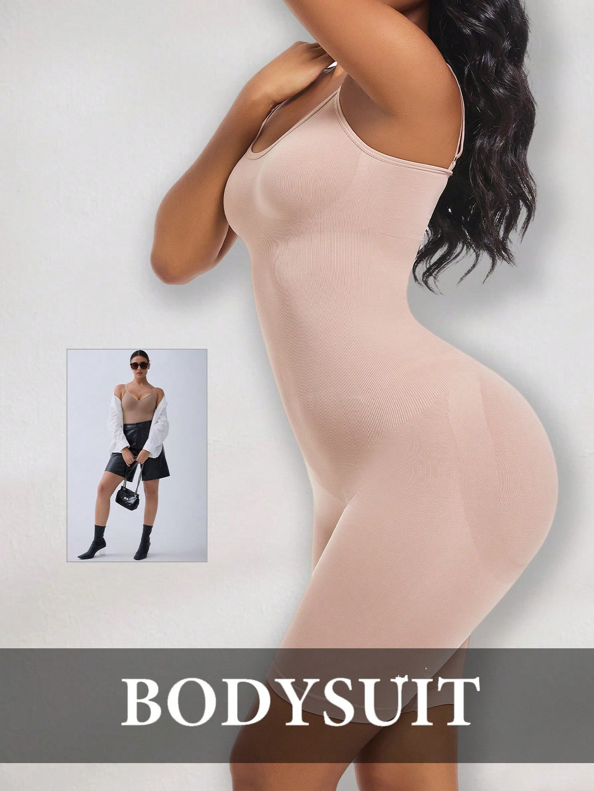 Women's black seamless shapewear jumpsuit with spaghetti straps, backless design, and strong tummy control full body shaping.