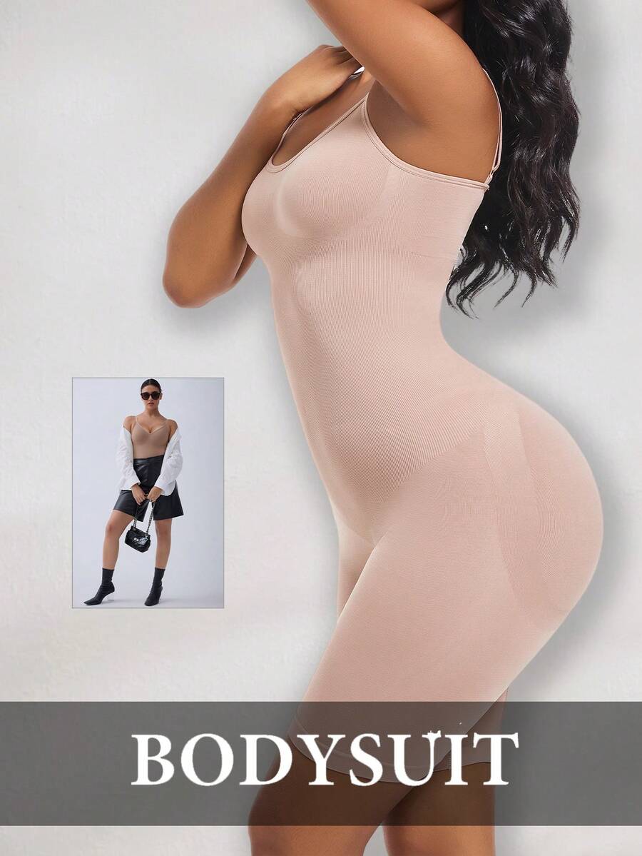 Women's black seamless shapewear jumpsuit with spaghetti straps, backless design, and strong tummy control full body shaping.