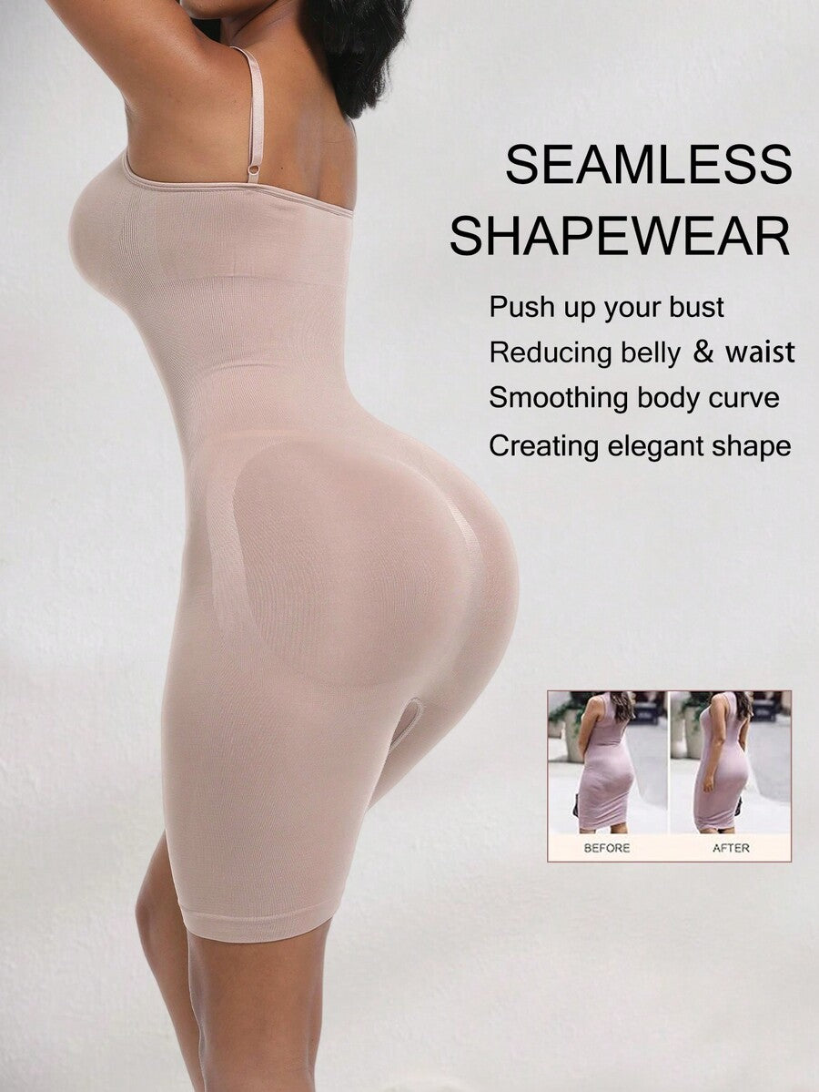 Women's black seamless shapewear jumpsuit with spaghetti straps, backless design, and strong tummy control full body shaping.