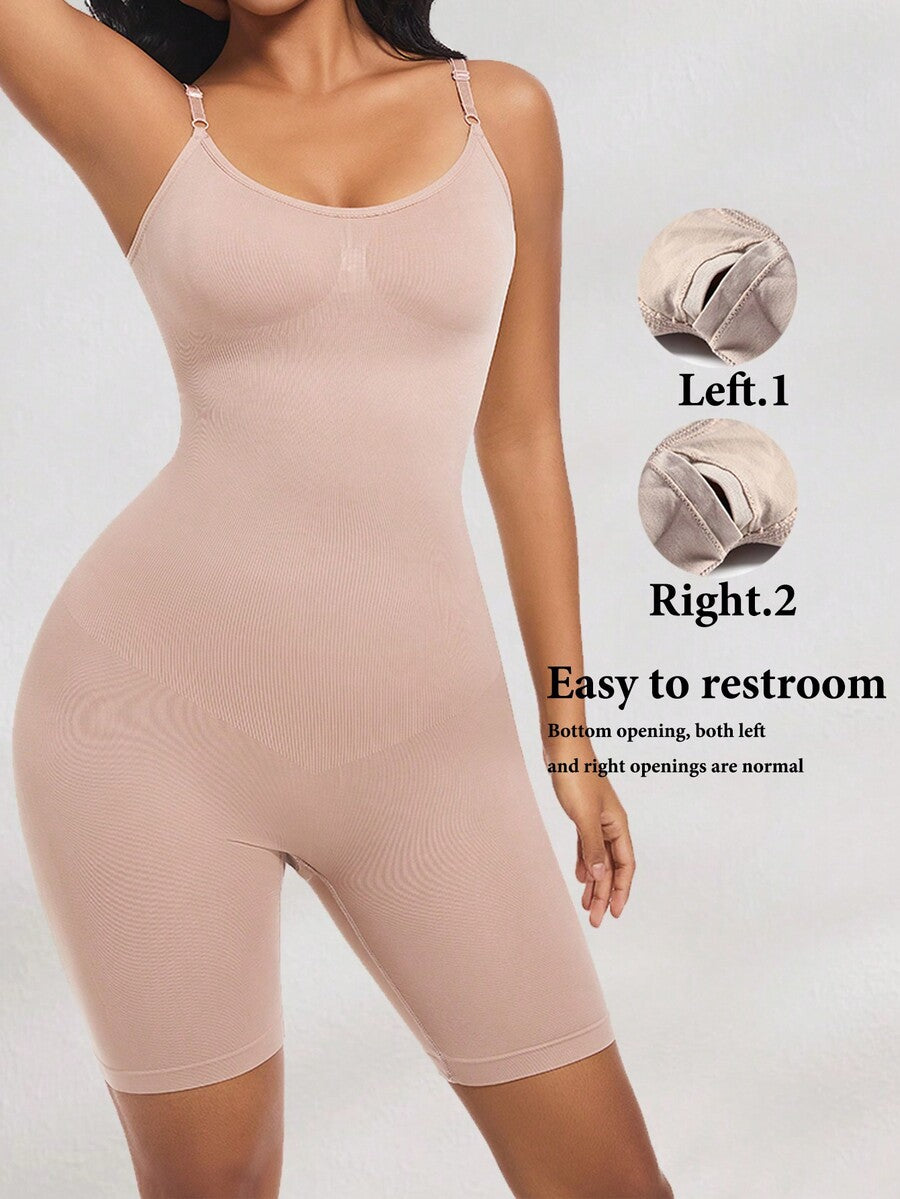 Women's black seamless shapewear jumpsuit with spaghetti straps, backless design, and strong tummy control full body shaping.