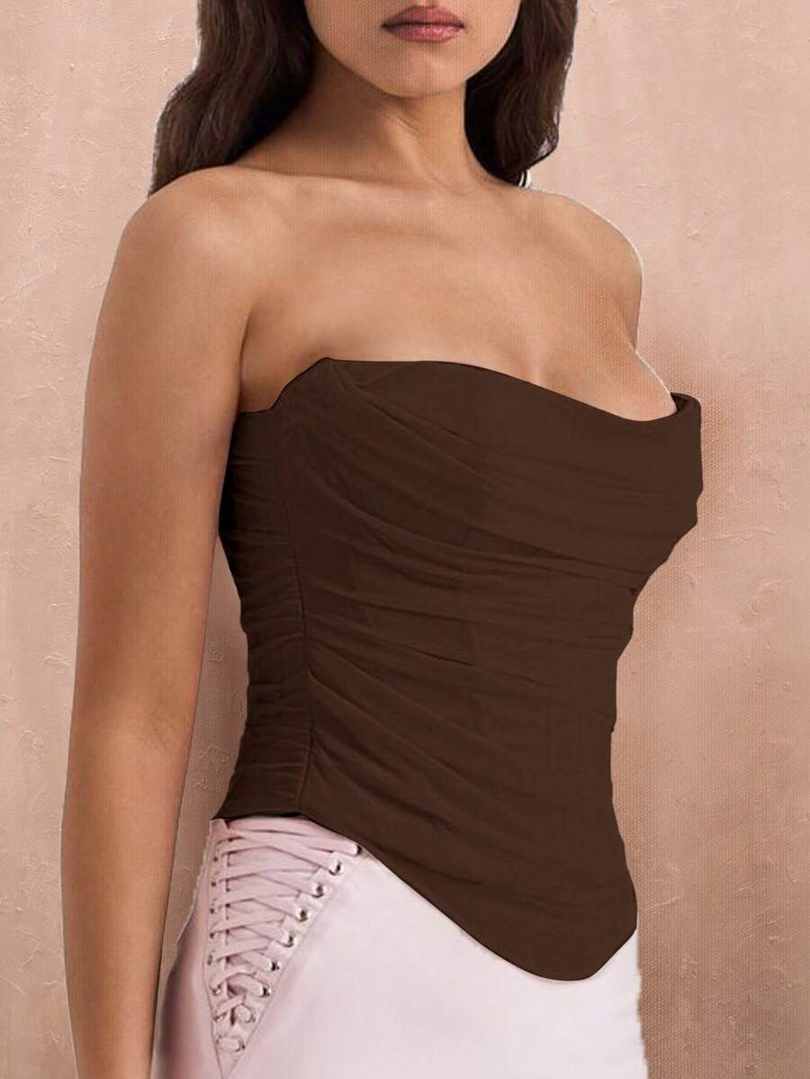 Black strapless corset crop top with asymmetrical lace-up ruched detailing and a slim fit for women.