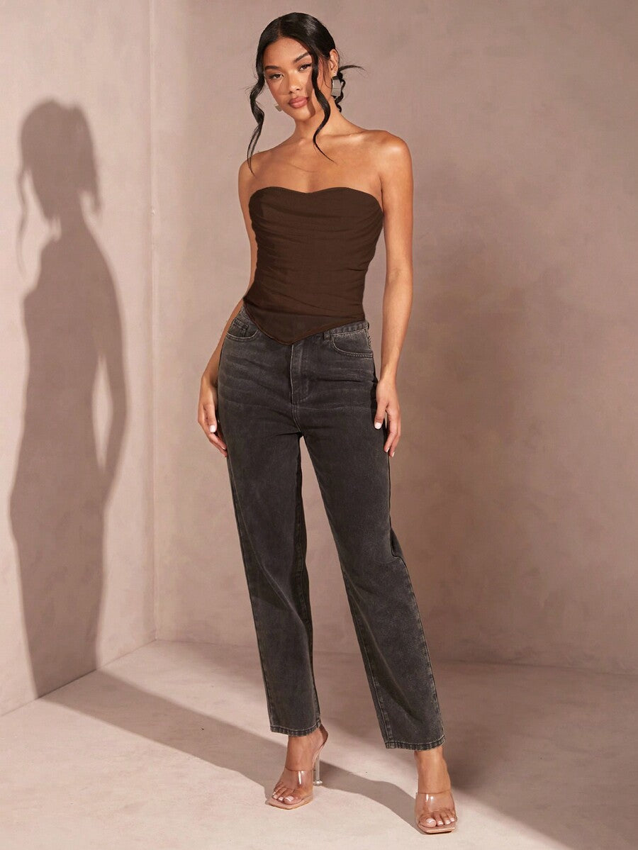 Black strapless corset crop top with asymmetrical lace-up ruched detailing and a slim fit for women.