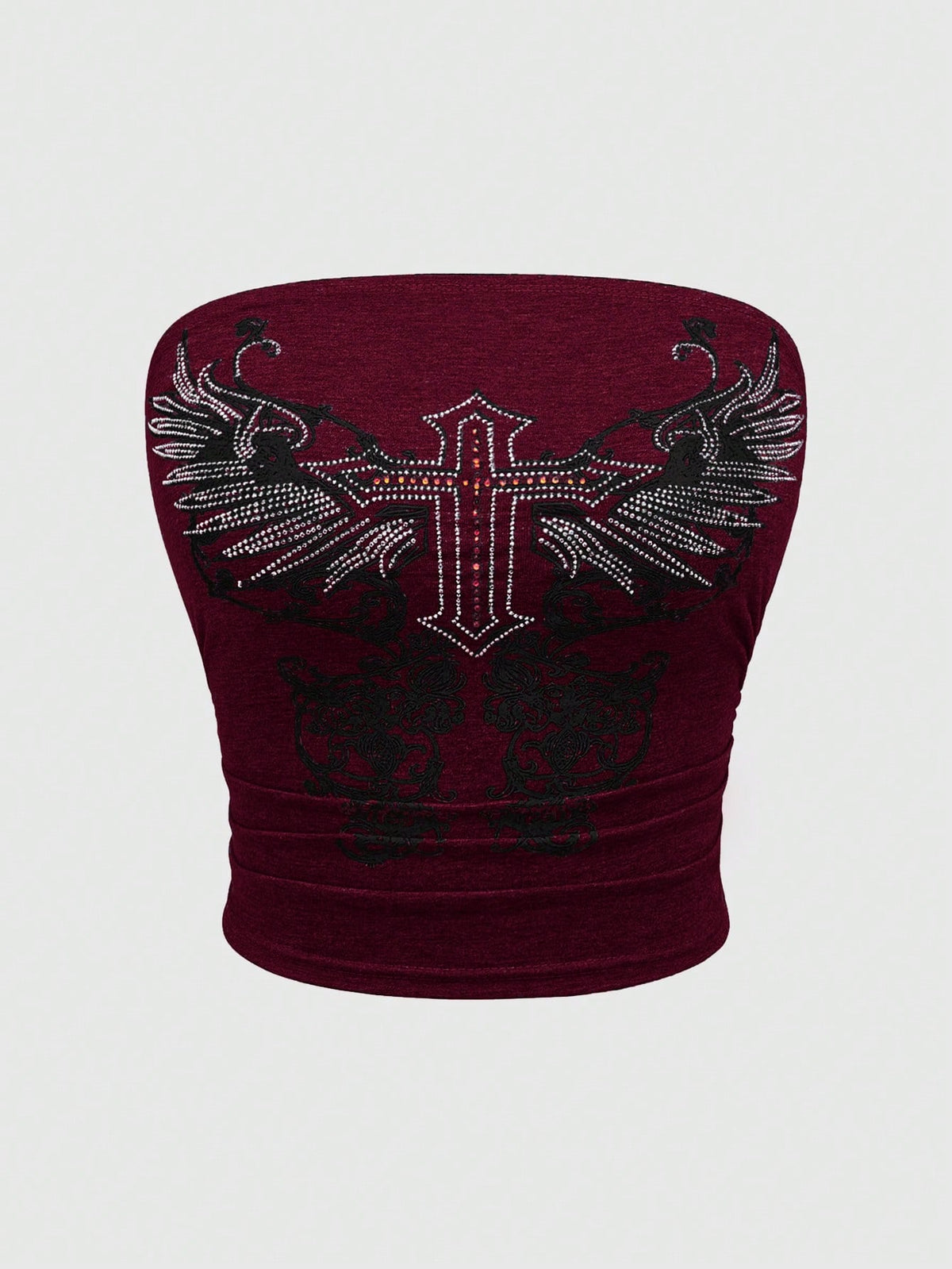 Women's strapless star print tube crop top featuring rhinestone details and ruched accents in burgundy knitted stretch fabric.