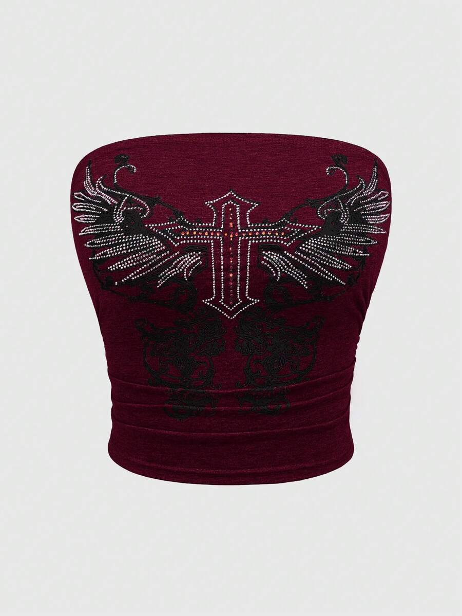 Women's strapless star print tube crop top featuring rhinestone details and ruched accents in burgundy knitted stretch fabric.