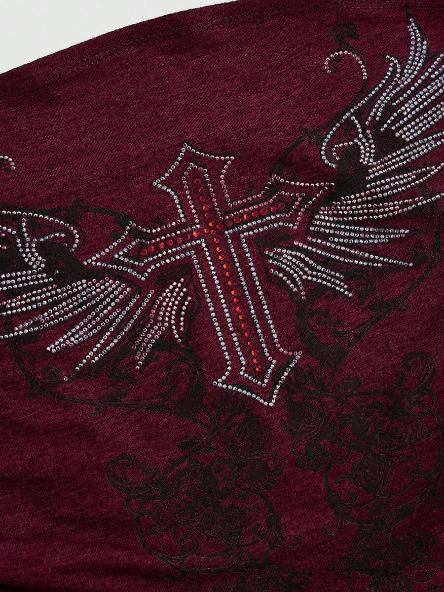 Women's strapless star print tube crop top featuring rhinestone details and ruched accents in burgundy knitted stretch fabric.