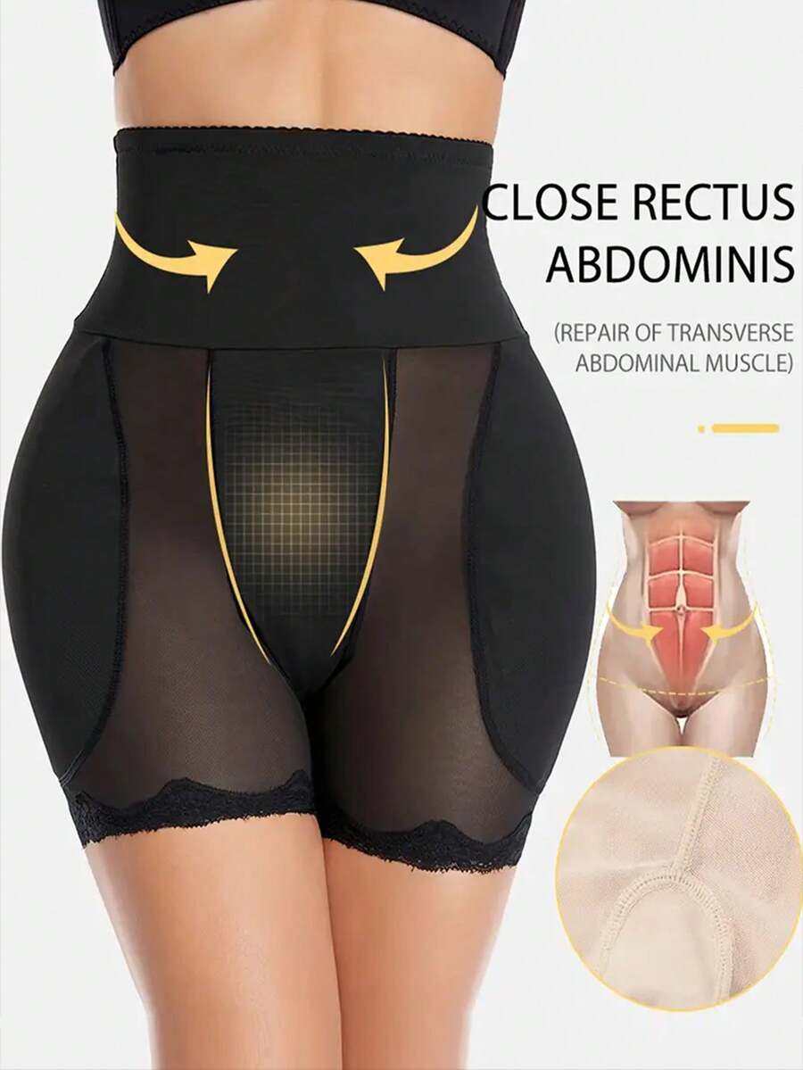 Women's super high waist shaping shorts in apricot knit fabric featuring contrast lace trim for tummy and thigh control.