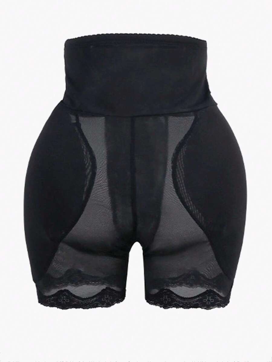 Women's super high waist shaping shorts in apricot knit fabric featuring contrast lace trim for tummy and thigh control.