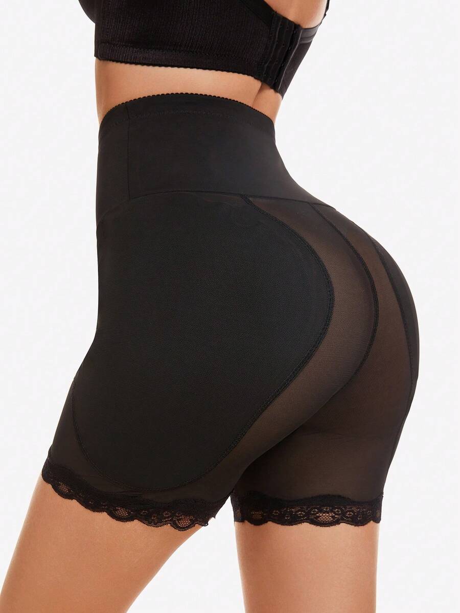 Women's super high waist shaping shorts in apricot knit fabric featuring contrast lace trim for tummy and thigh control.