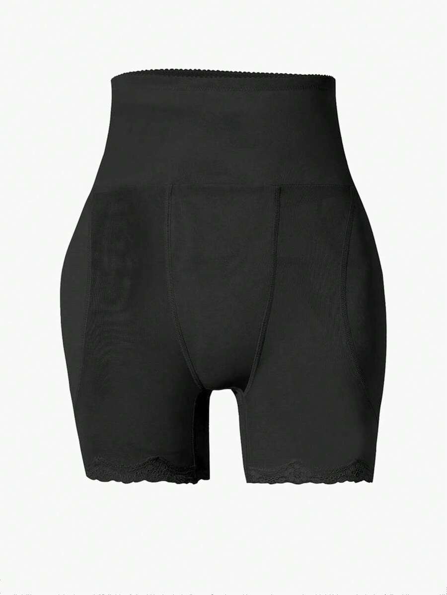 Women's super high waist shaping shorts in apricot knit fabric featuring contrast lace trim for tummy and thigh control.