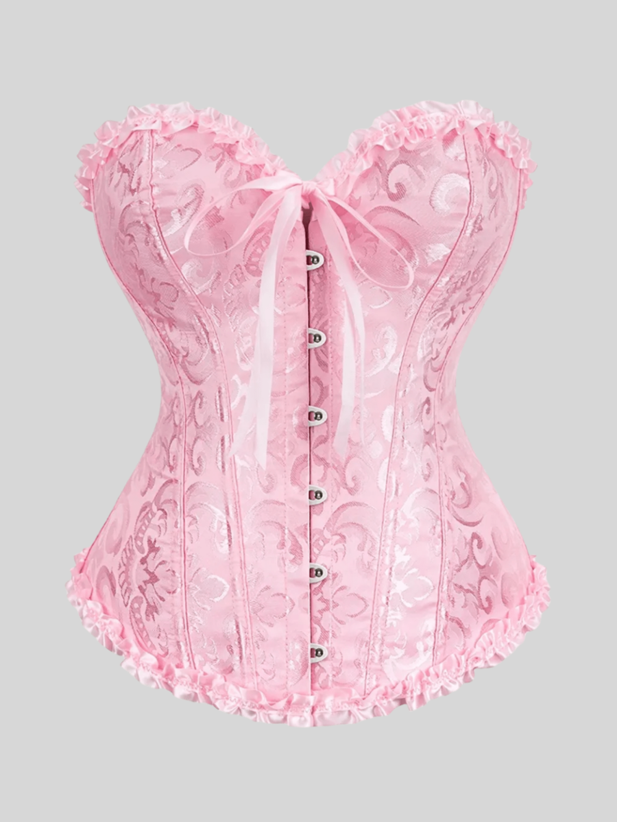 Baroque open bust corset top with boning, ruffle details, and grommet eyelet accents for waist shaping and bust support.