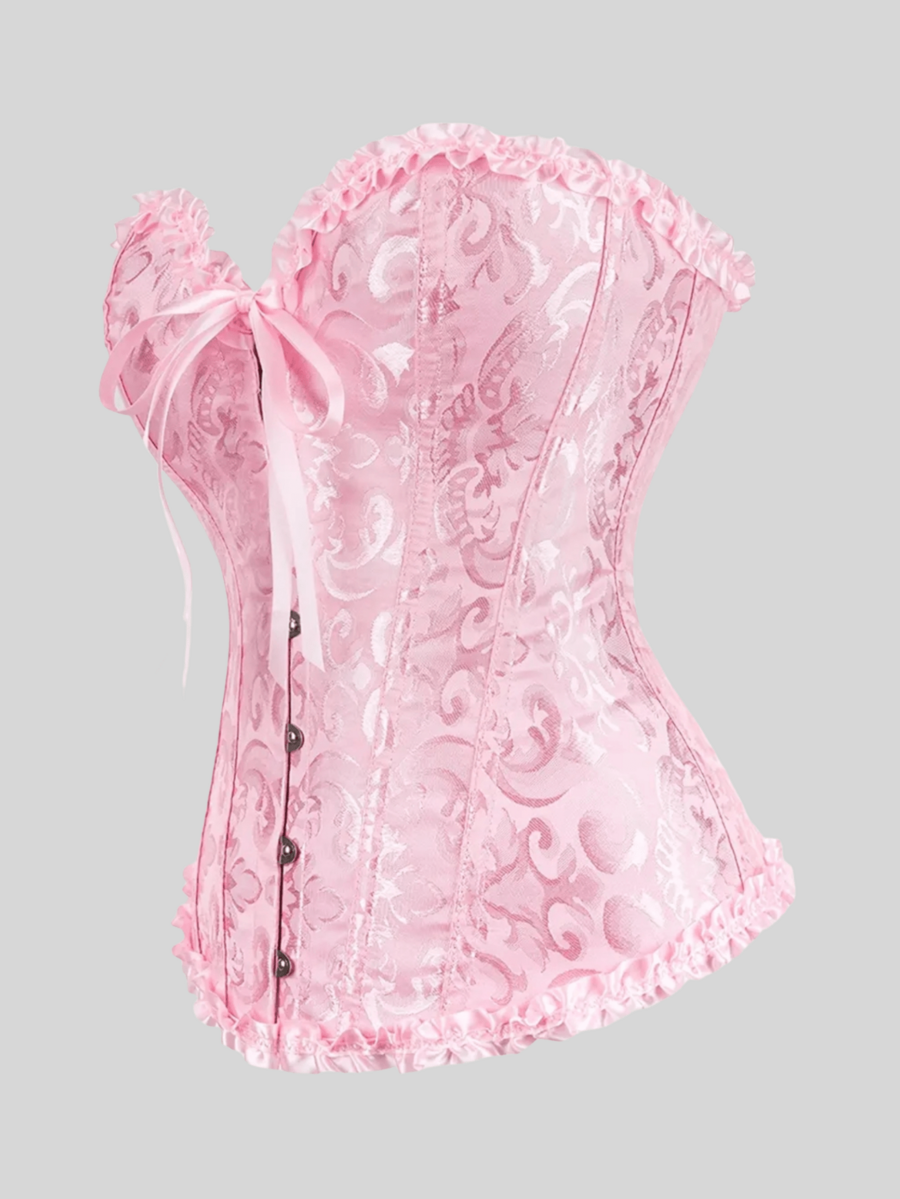 Baroque open bust corset top with boning, ruffle details, and grommet eyelet accents for waist shaping and bust support.