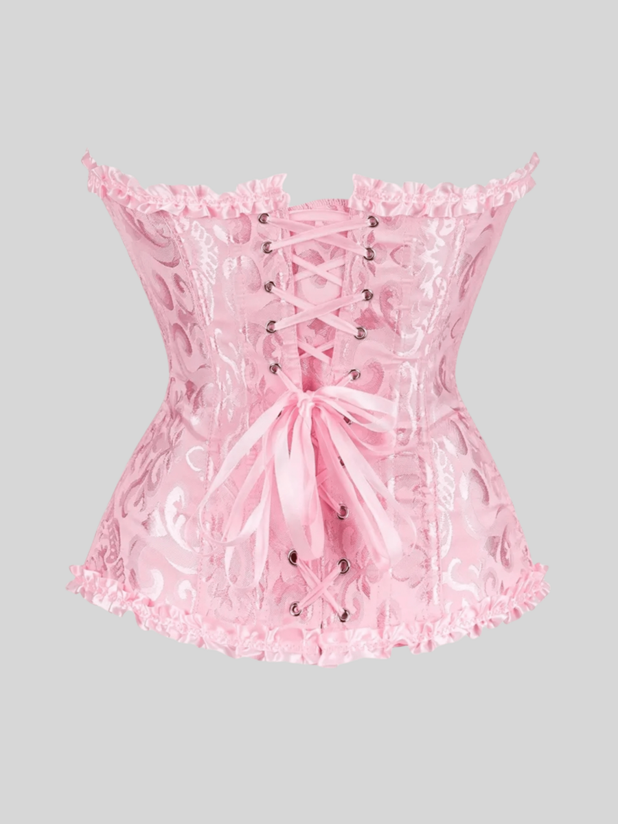 Baroque open bust corset top with boning, ruffle details, and grommet eyelet accents for waist shaping and bust support.