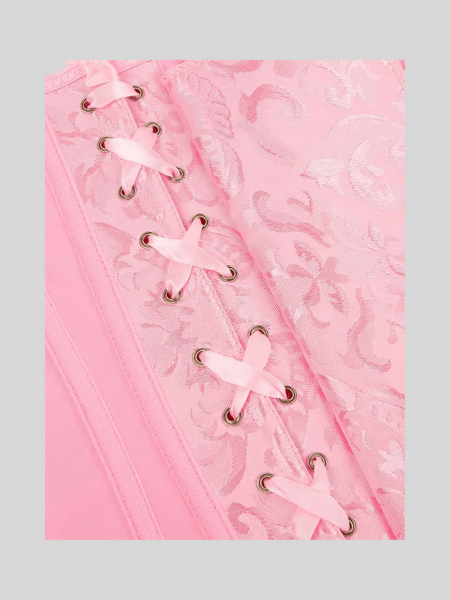 Baroque open bust corset top with boning, ruffle details, and grommet eyelet accents for waist shaping and bust support.