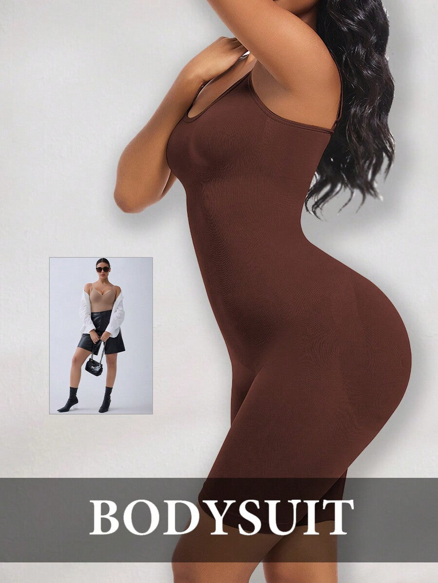 Women's black seamless shapewear jumpsuit with spaghetti straps, backless design, and strong tummy control full body shaping.