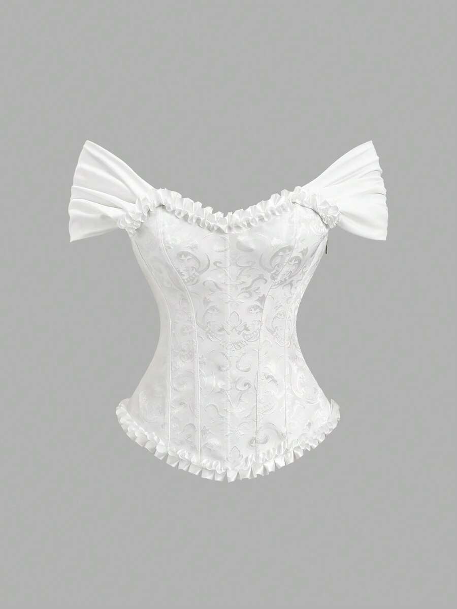 Women's apricot off-shoulder camisole top featuring asymmetrical frill trim and lace-up detail in a slim fit.