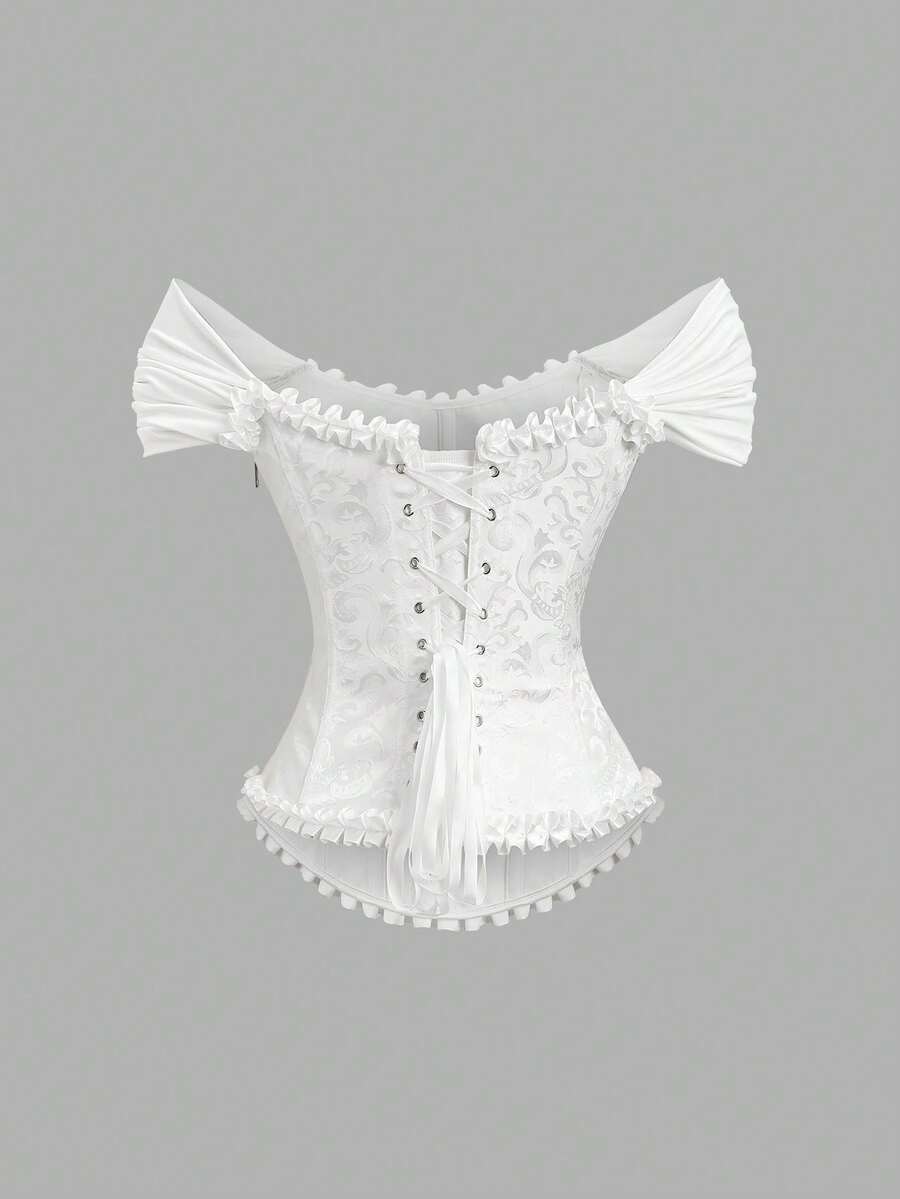 Women's apricot off-shoulder camisole top featuring asymmetrical frill trim and lace-up detail in a slim fit.