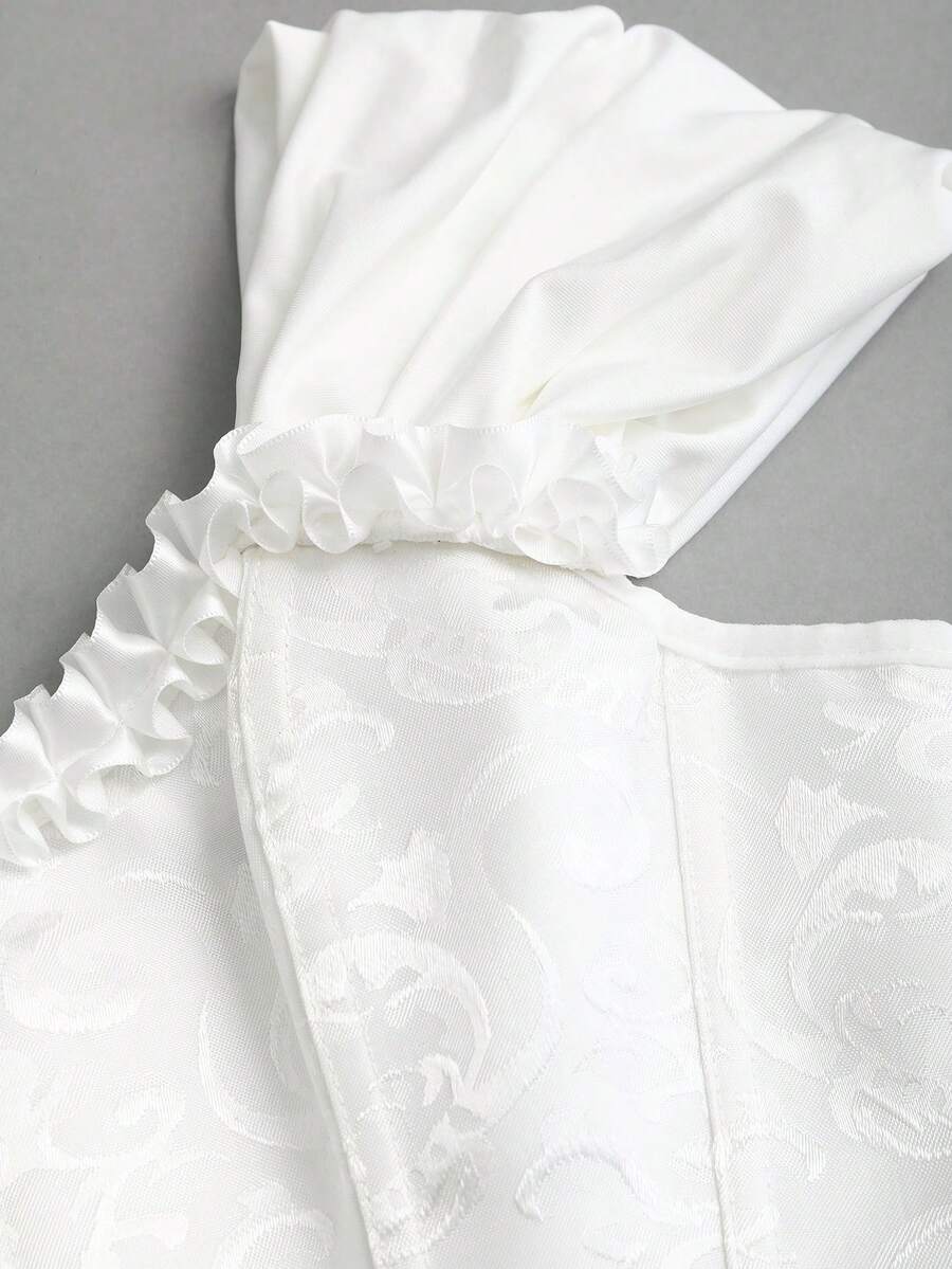 Women's apricot off-shoulder camisole top featuring asymmetrical frill trim and lace-up detail in a slim fit.