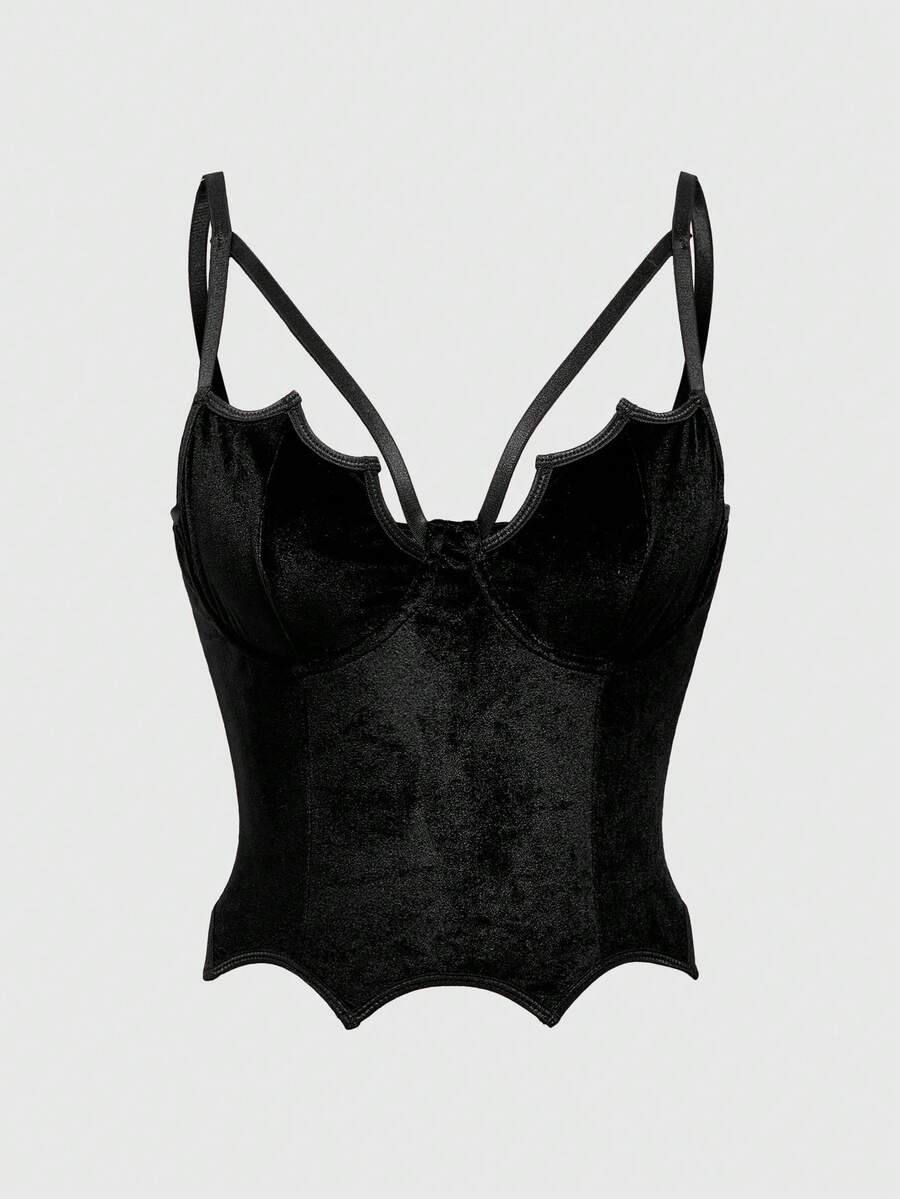 A women's black velvet crop camisole top featuring criss-cross shoulder straps, asymmetrical cut-out details, and a sleeveless vest neckline.