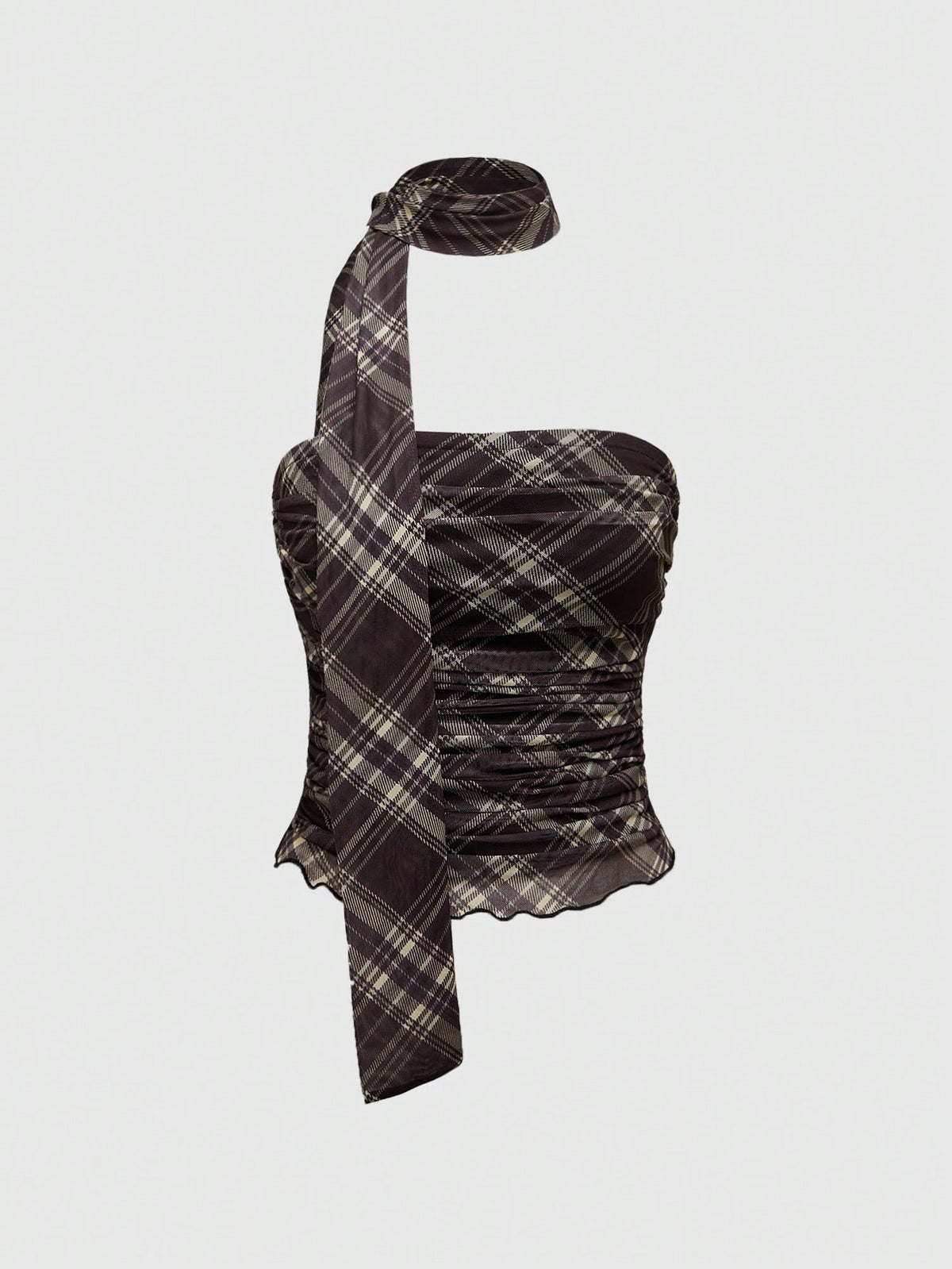 Women's black polka dot strapless tube top made of ruched mesh fabric featuring an asymmetrical hem and matching scarf.
