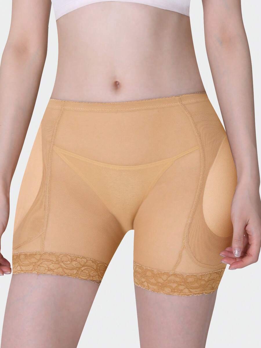 Women's high waist padded butt lifter shapewear shorts with contrast lace details and tummy control feature.