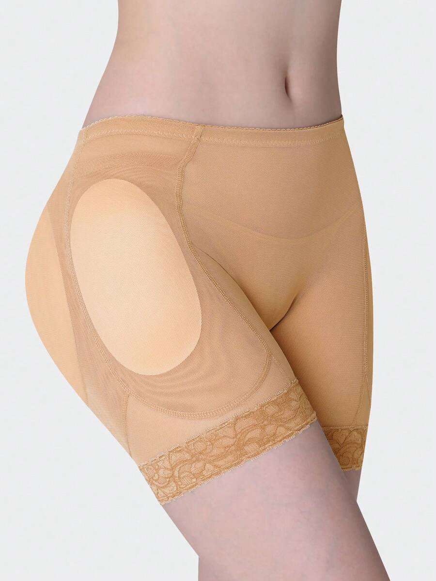Women's high waist padded butt lifter shapewear shorts with contrast lace details and tummy control feature.
