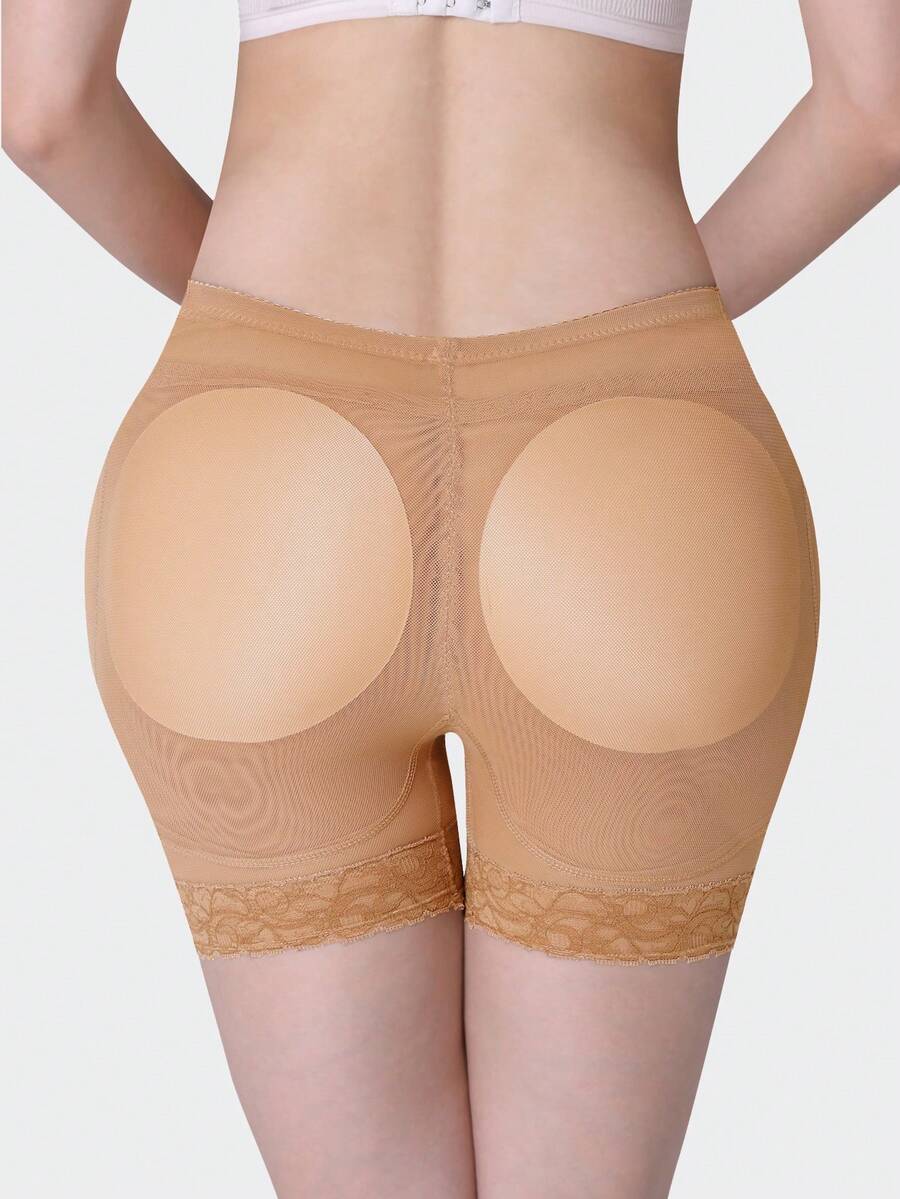 Women's high waist padded butt lifter shapewear shorts with contrast lace details and tummy control feature.