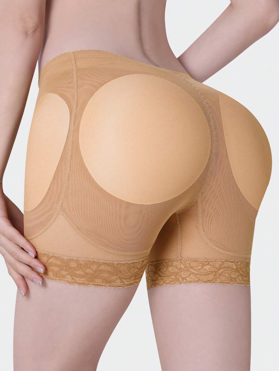 Women's high waist padded butt lifter shapewear shorts with contrast lace details and tummy control feature.