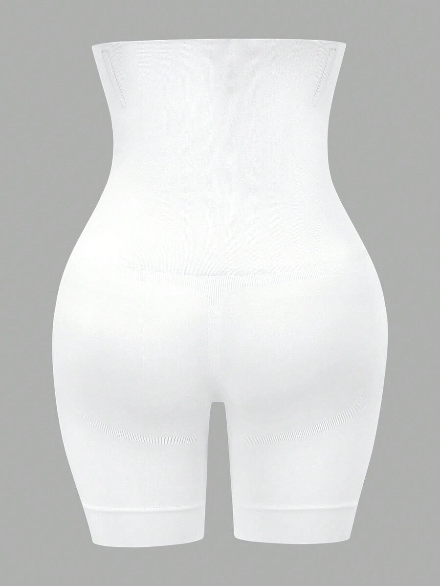 Apricot high stretch super high waist long shapewear shorts with textured pattern and semi-sheer fabric for women.