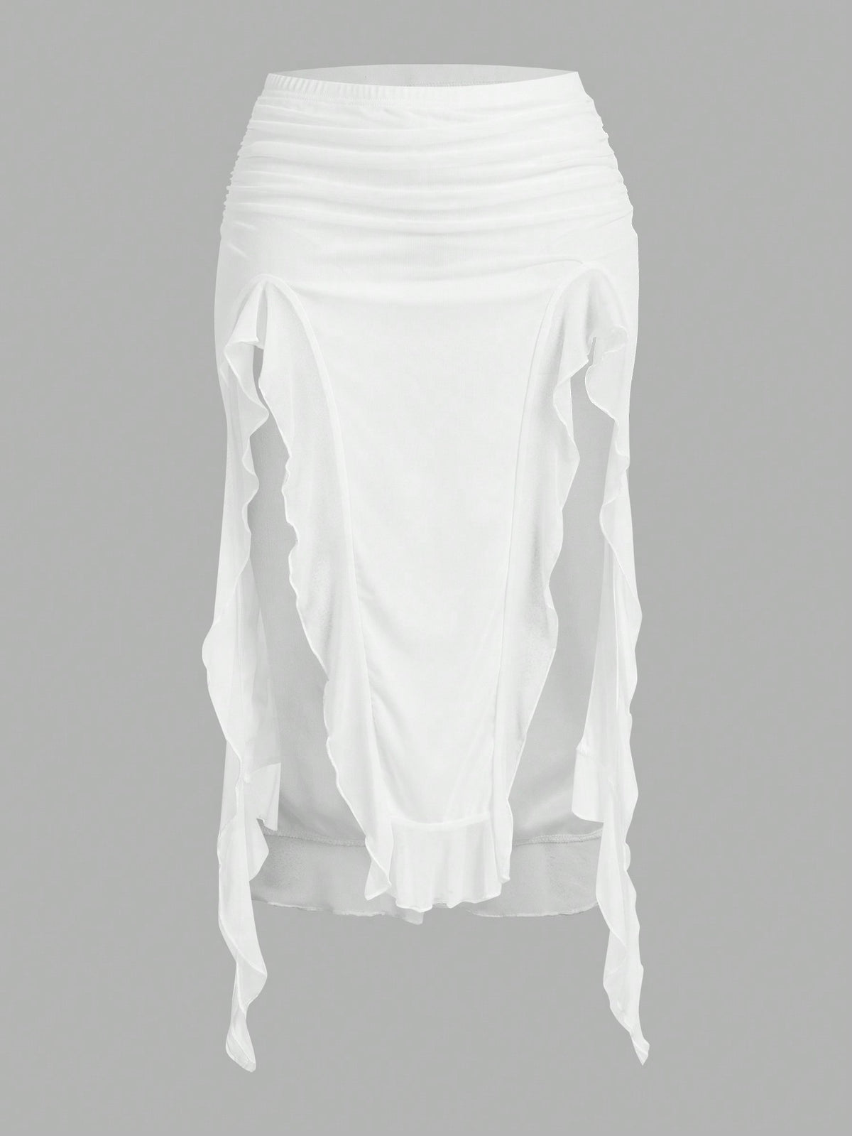Women's black low rise asymmetrical midi skirt with ruched mesh fabric and layered ruffle hem