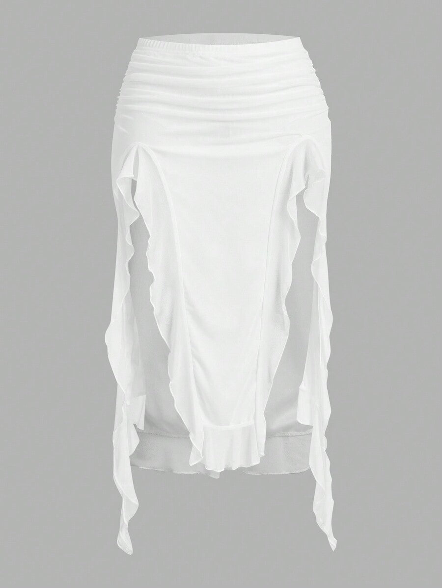 Women's black low rise asymmetrical midi skirt with ruched mesh fabric and layered ruffle hem