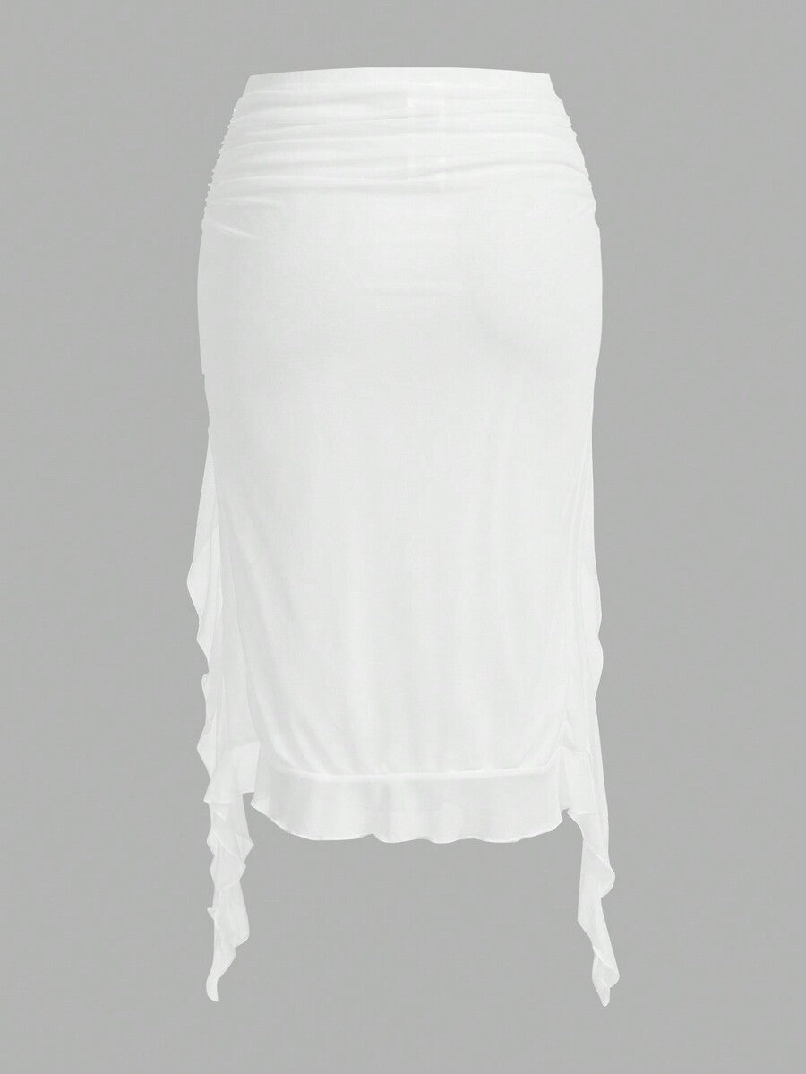 Women's black low rise asymmetrical midi skirt with ruched mesh fabric and layered ruffle hem