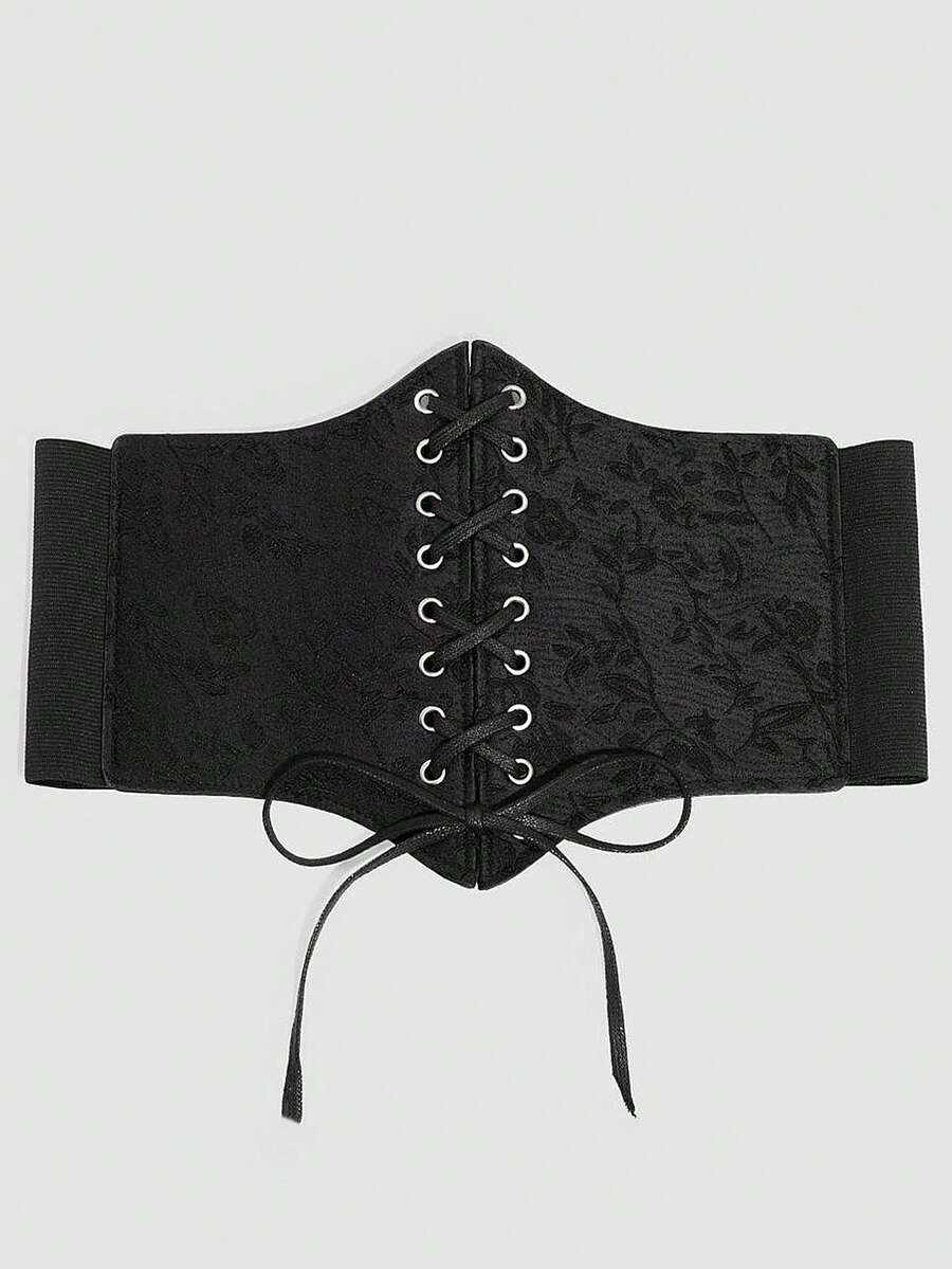 Black lace-up waist cincher with grommet eyelets, baroque pattern, medium stretch, and wide belt design for women.