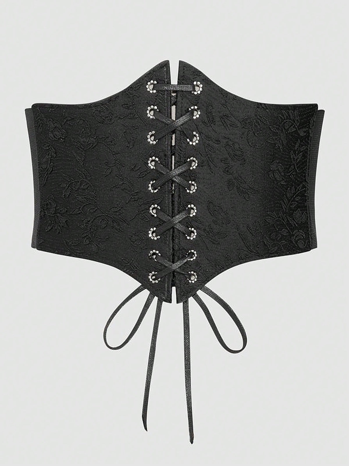 Black lace-up waist cincher with grommet eyelets, baroque pattern, medium stretch, and wide belt design for women.