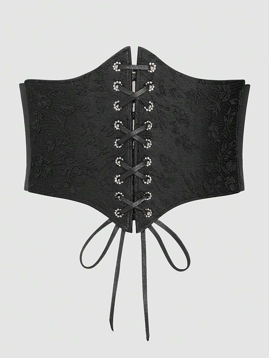 Black lace-up waist cincher with grommet eyelets, baroque pattern, medium stretch, and wide belt design for women.