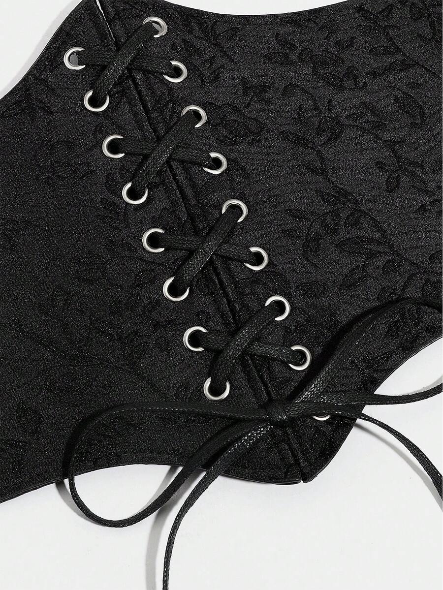 Black lace-up waist cincher with grommet eyelets, baroque pattern, medium stretch, and wide belt design for women.