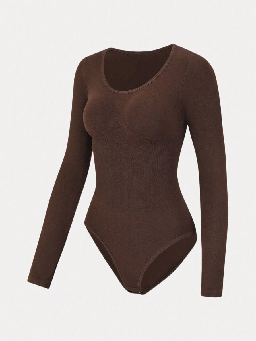 Black seamless long sleeve crew neck shapewear bodysuit for women featuring full coverage tummy control.