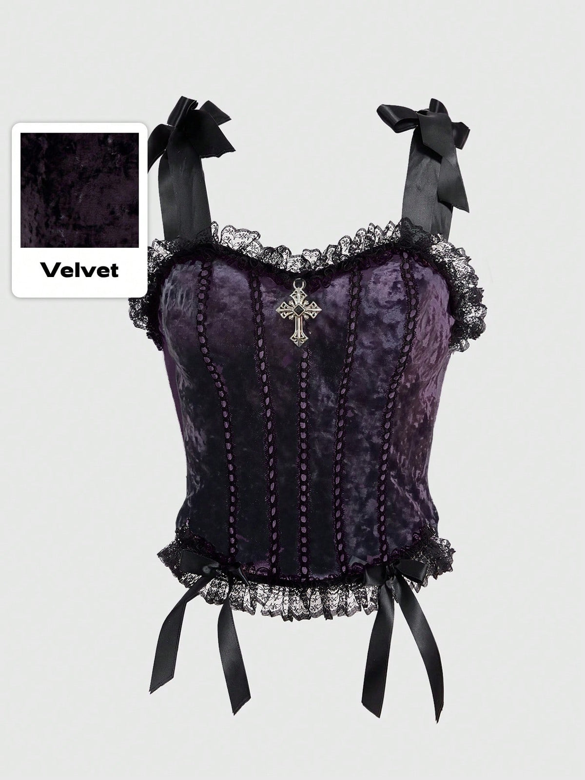 Purple gothic velvet crop camisole top for women with contrast lace frills, wide shoulder straps, and bowknot accents.