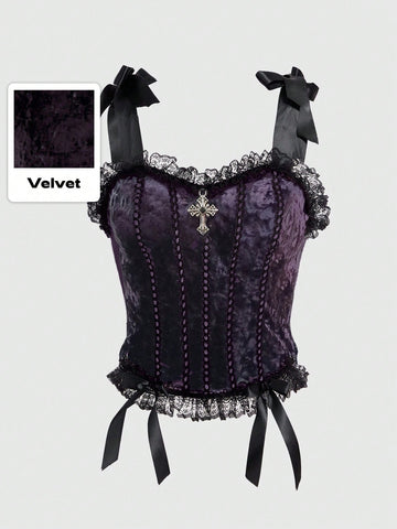 Purple gothic velvet crop camisole top for women with contrast lace frills, wide shoulder straps, and bowknot accents.