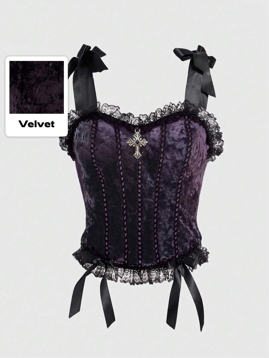 Purple gothic velvet crop camisole top for women with contrast lace frills, wide shoulder straps, and bowknot accents.