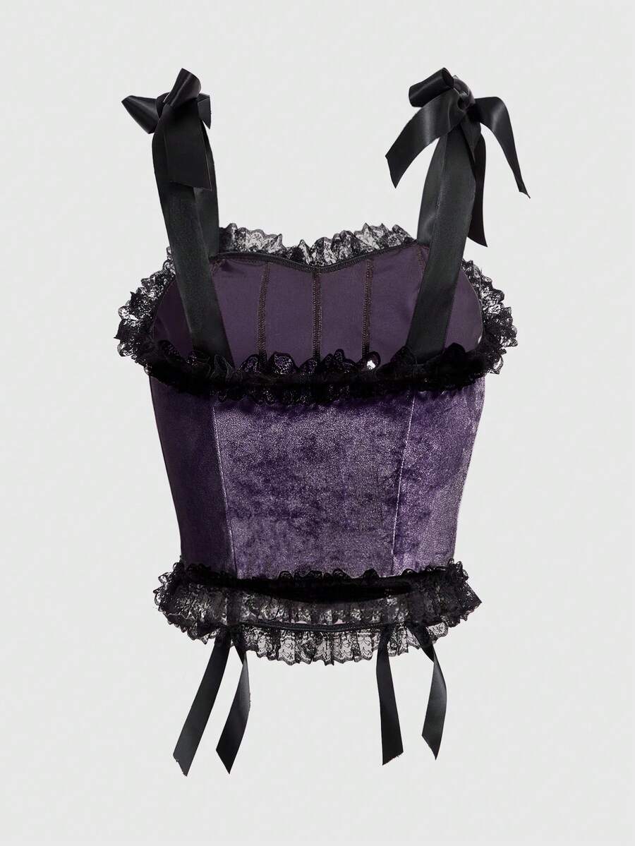 Purple gothic velvet crop camisole top for women with contrast lace frills, wide shoulder straps, and bowknot accents.