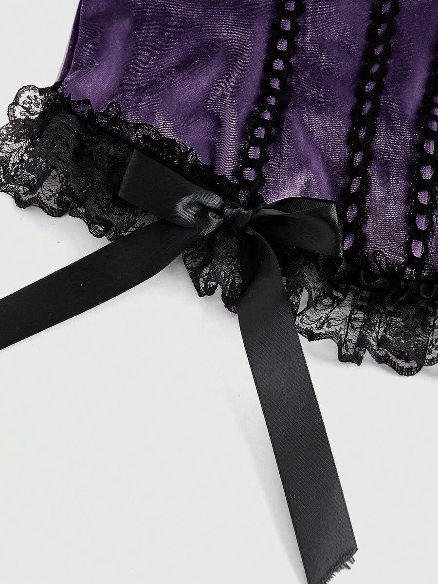Purple gothic velvet crop camisole top for women with contrast lace frills, wide shoulder straps, and bowknot accents.