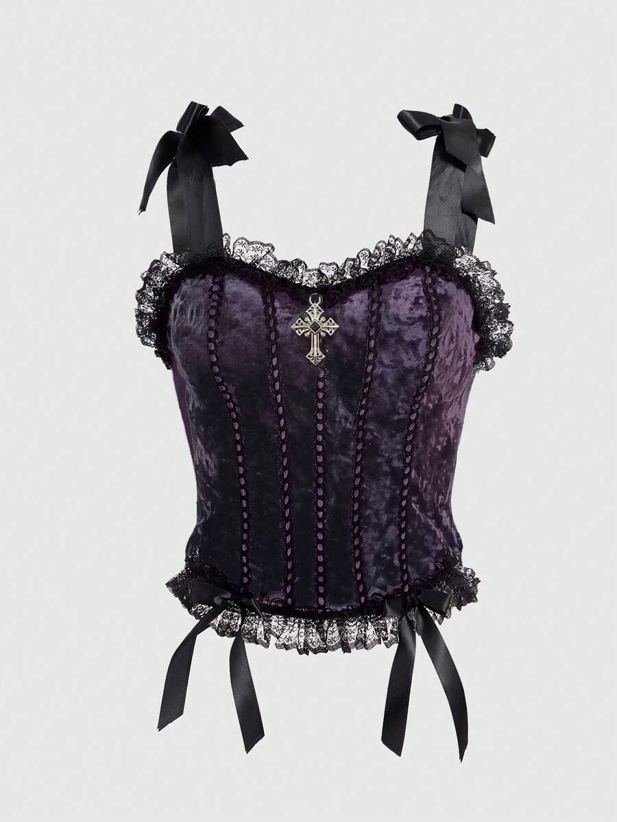 Purple gothic velvet crop camisole top for women with contrast lace frills, wide shoulder straps, and bowknot accents.