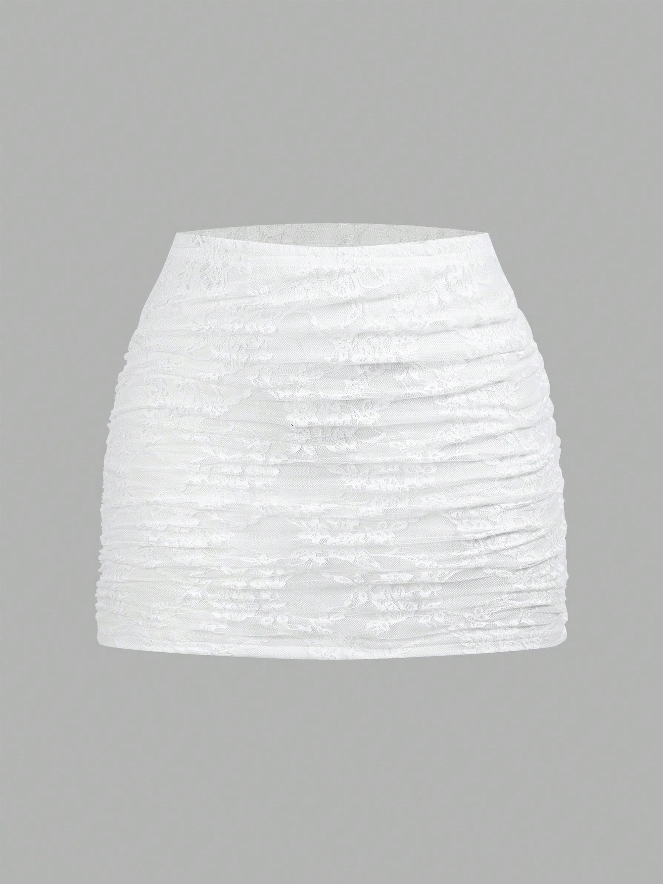 Women's black floral lace mini skirt featuring a ruched bodycon design, mid waist, and high stretch lined fabric.