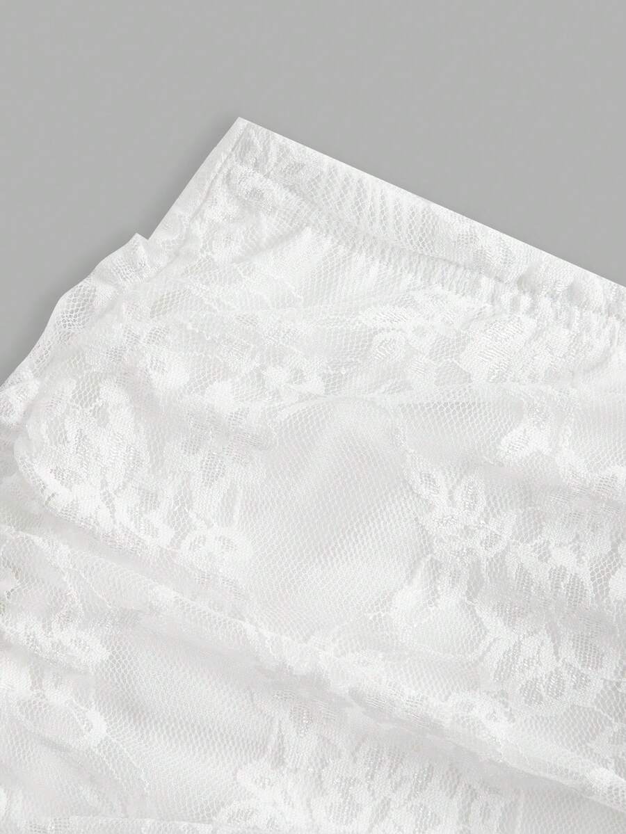 Women's black floral lace mini skirt featuring a ruched bodycon design, mid waist, and high stretch lined fabric.