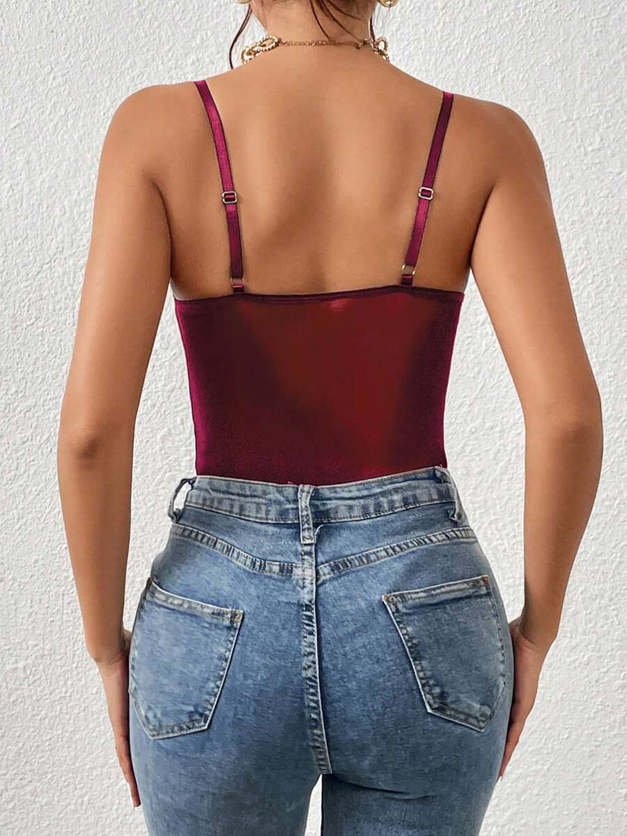 Apricot lace patchwork bodysuit for women featuring contrast corset detailing and spaghetti straps.