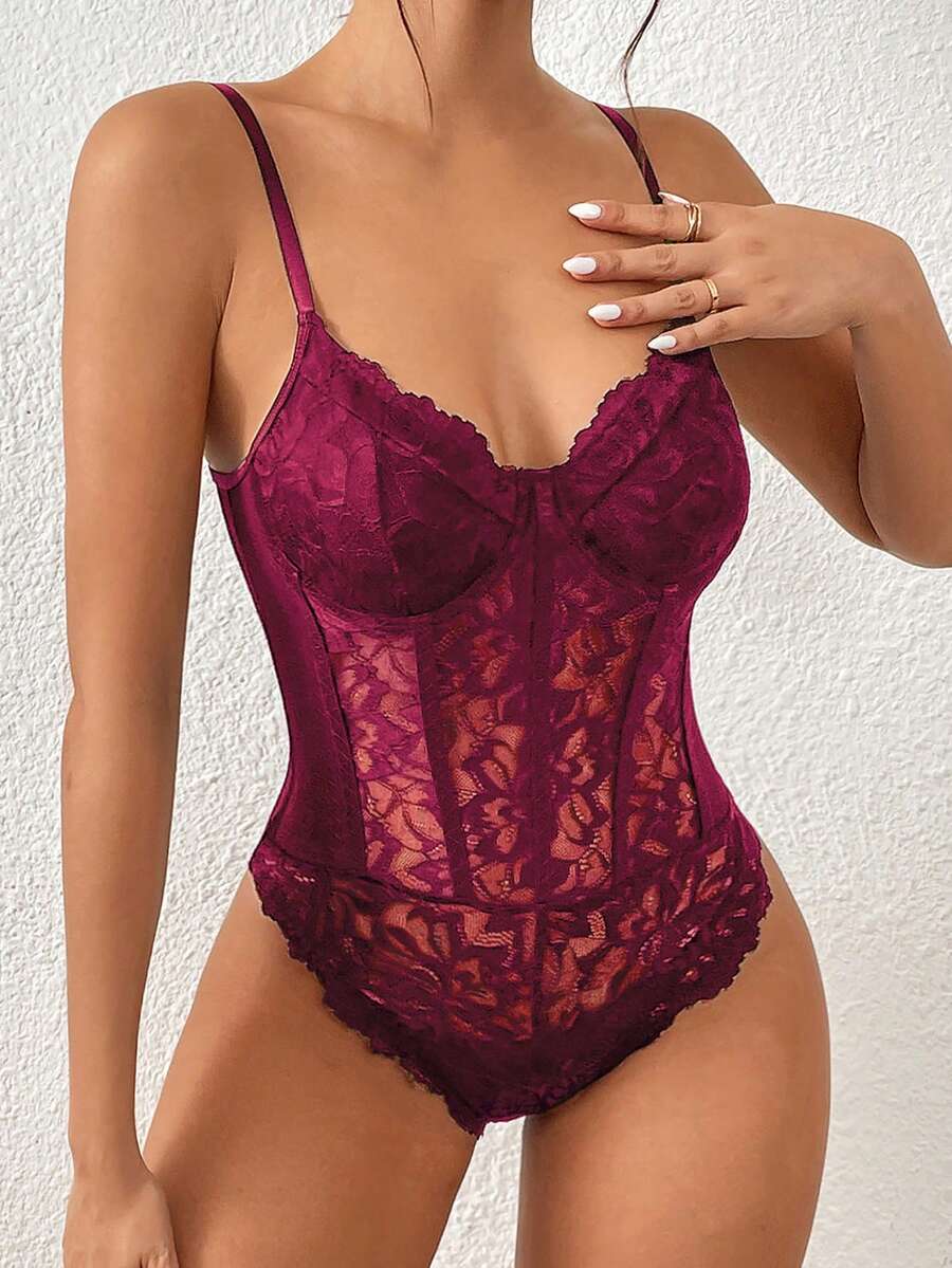 Apricot lace patchwork bodysuit for women featuring contrast corset detailing and spaghetti straps.